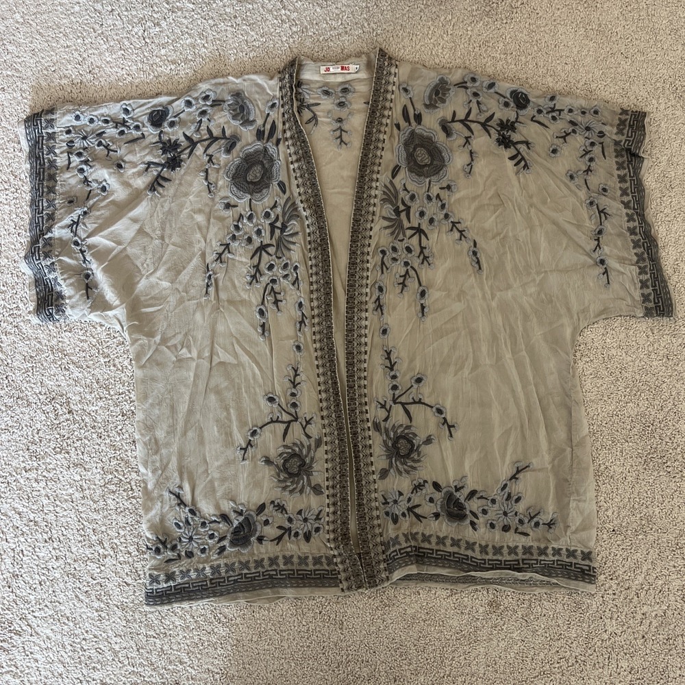 Johnny Was Sheer Embroidered Kimono M Gray  Cupro Flowered‎ Trim Cardigan Open